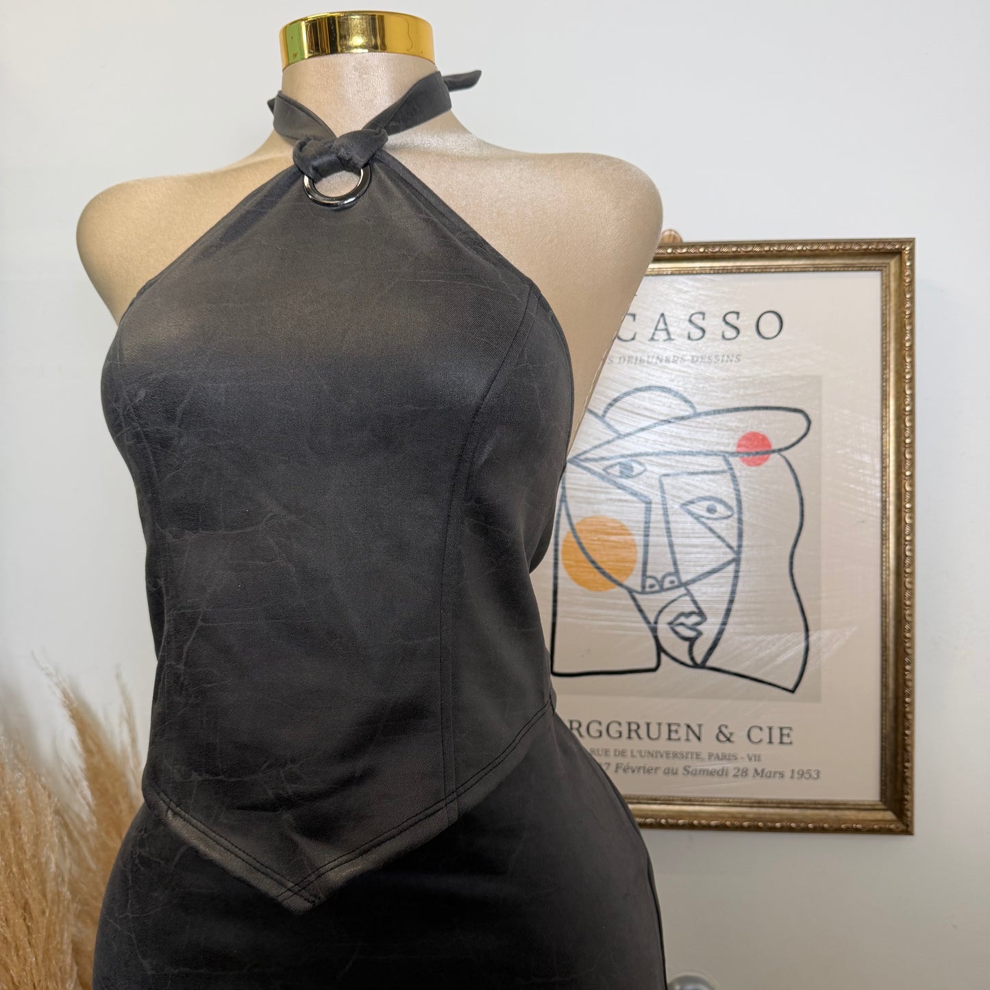 Halter Top and Mini Skirt Set with lace up back -Charcoal