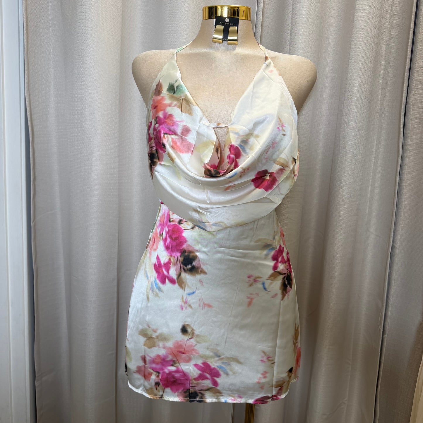 COWL NECK BEADING MINI DRESS-Cream Multi