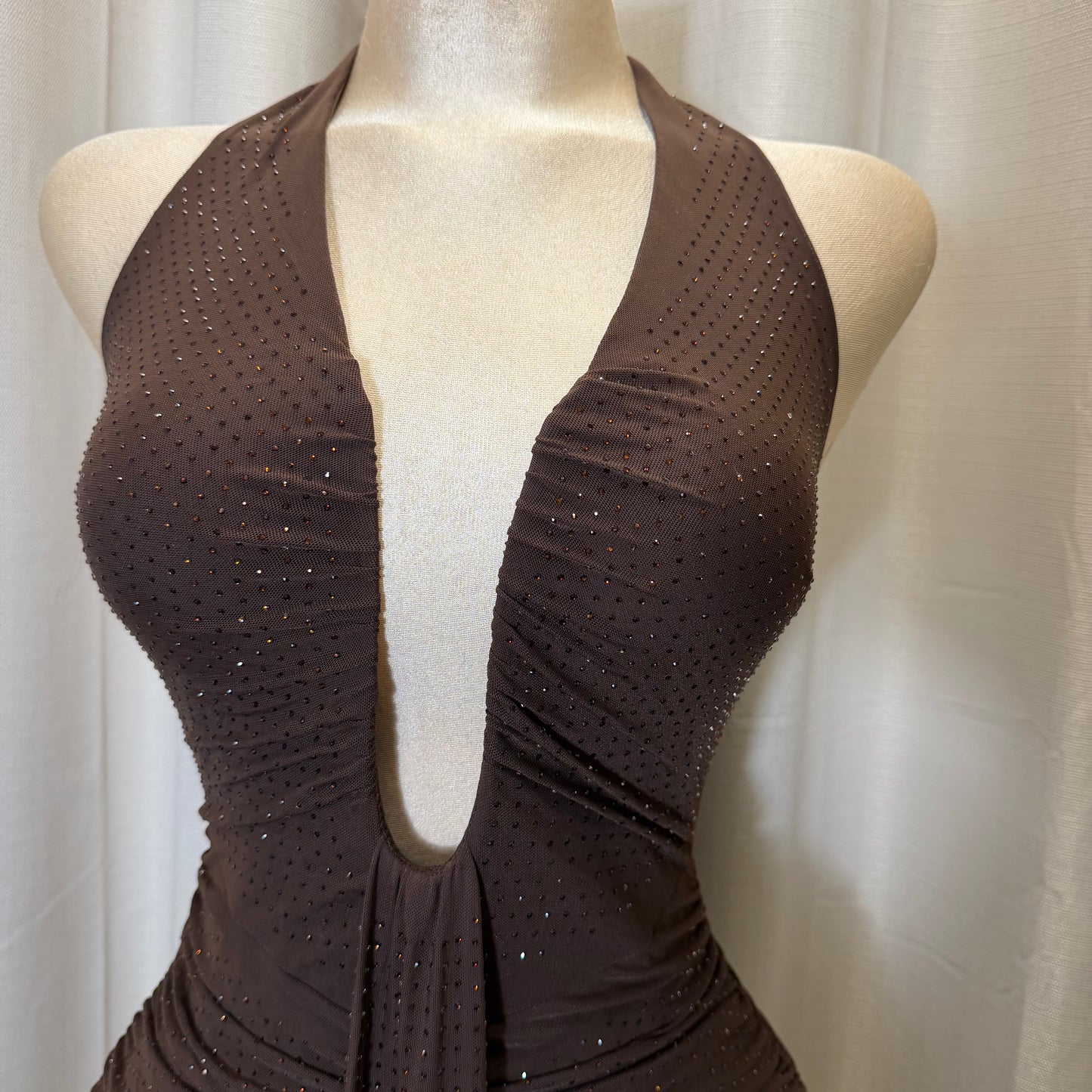 EMBELLISHED MESH COWL NECK MINI DRESS-Brown