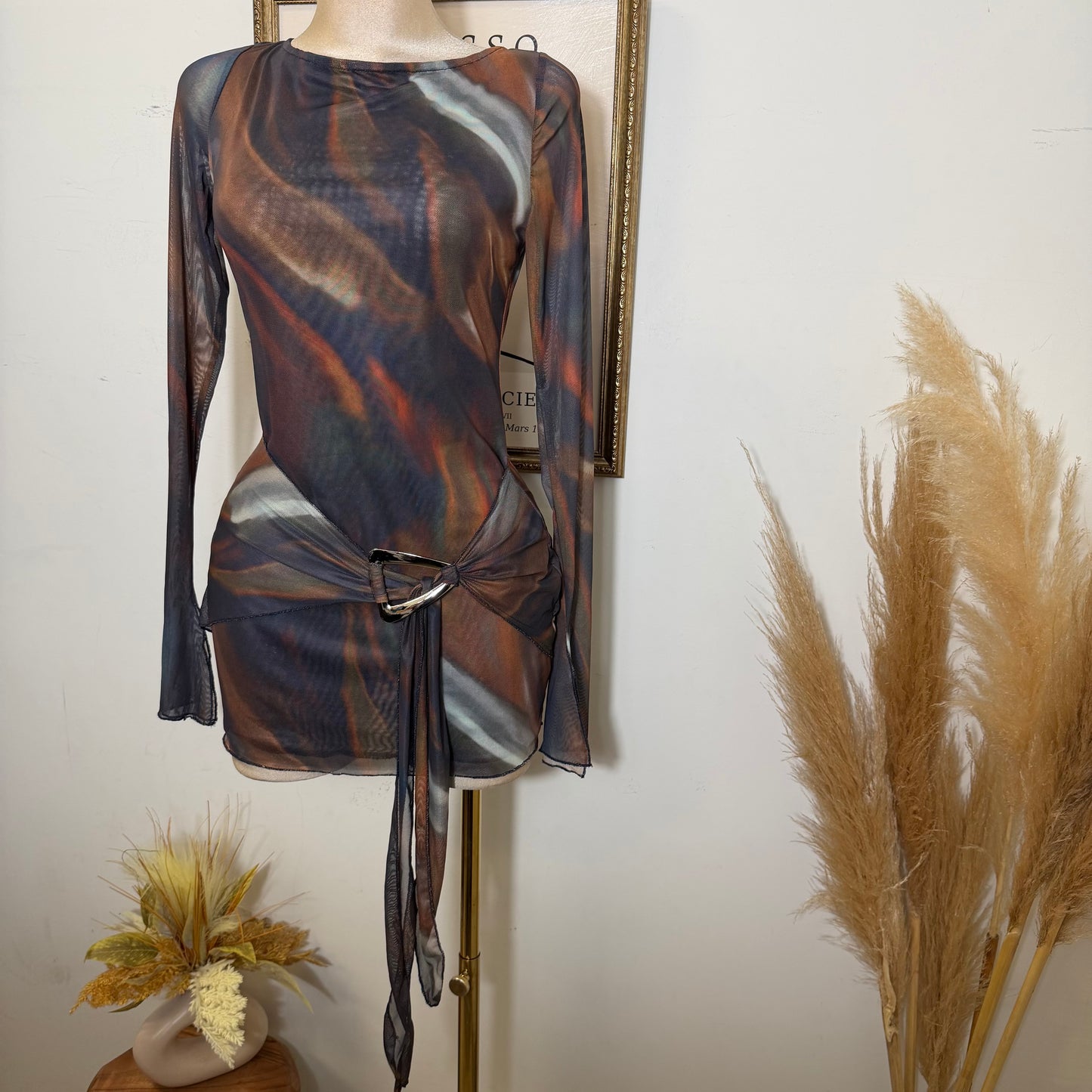Wrap Long Sleeve Mesh Dress -Rust