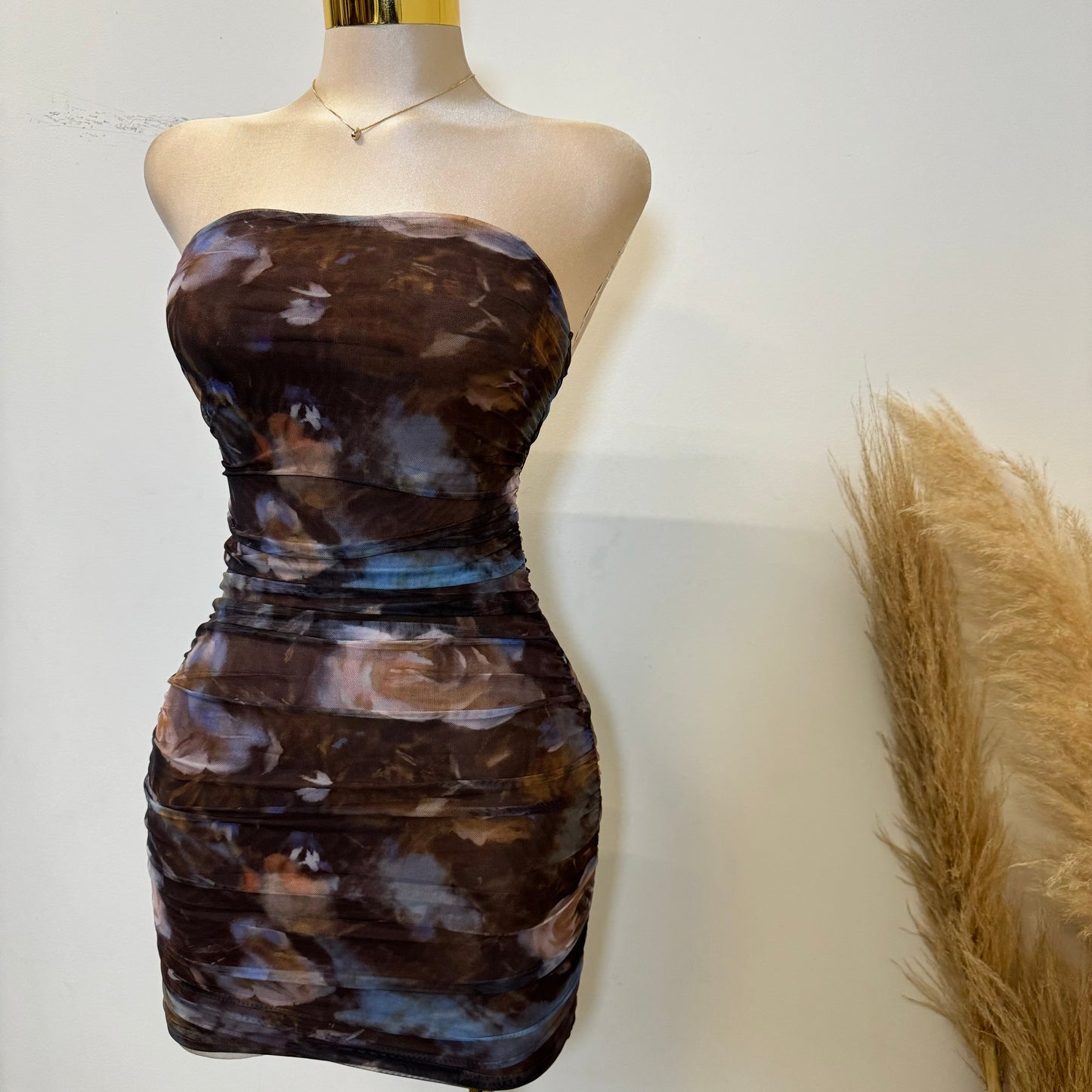 Floral Print Mesh Tube Mini Dress-Brown