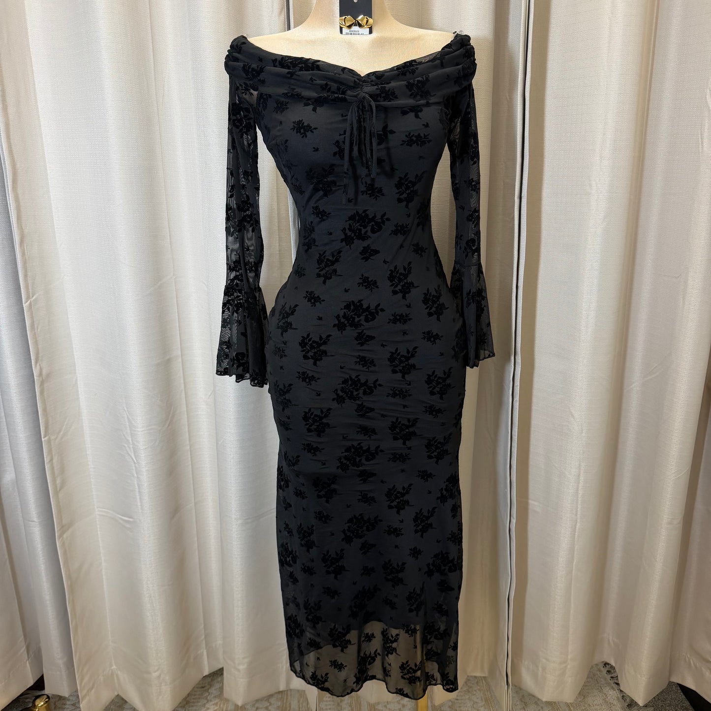 Flocked Long Sleeve Mesh off shoulder maxi Dress-Black/Black