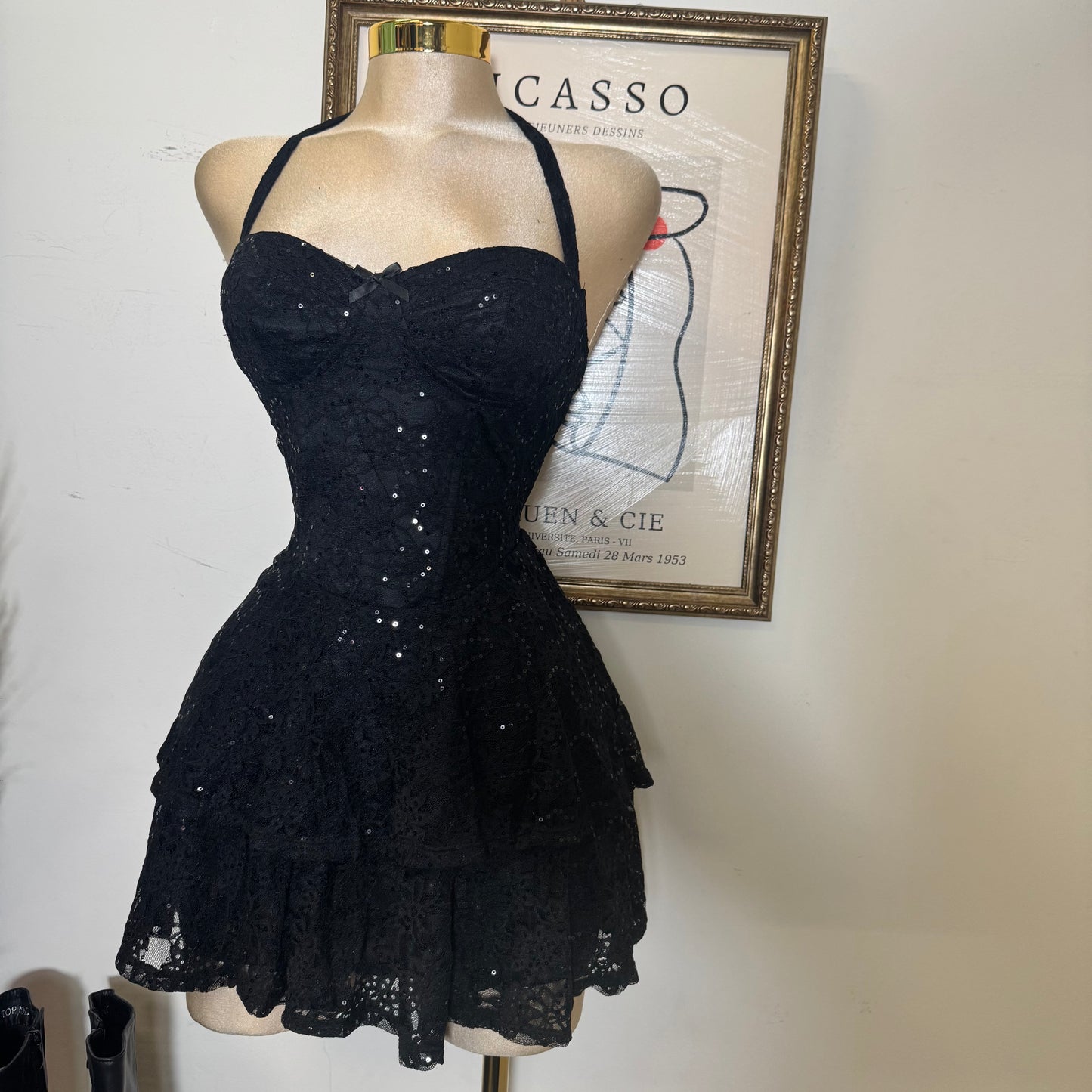 Sequined Halter Mini Dress with Tiered Skirt-Black