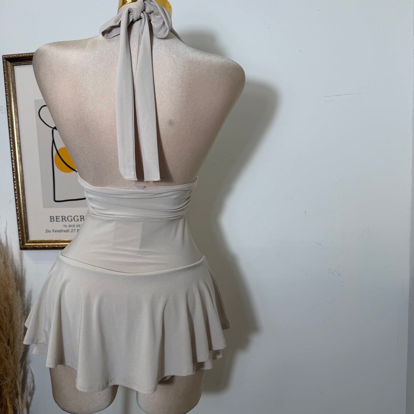 Sleeveless Open Back Halter Ruffle Romper-Stone