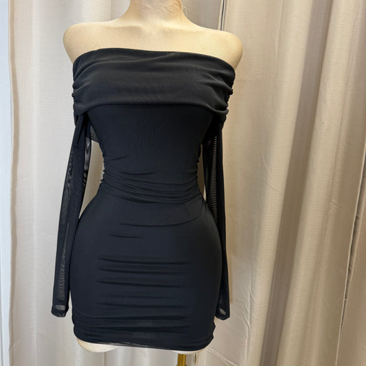 Off shoulder mesh Mini Dress-Black