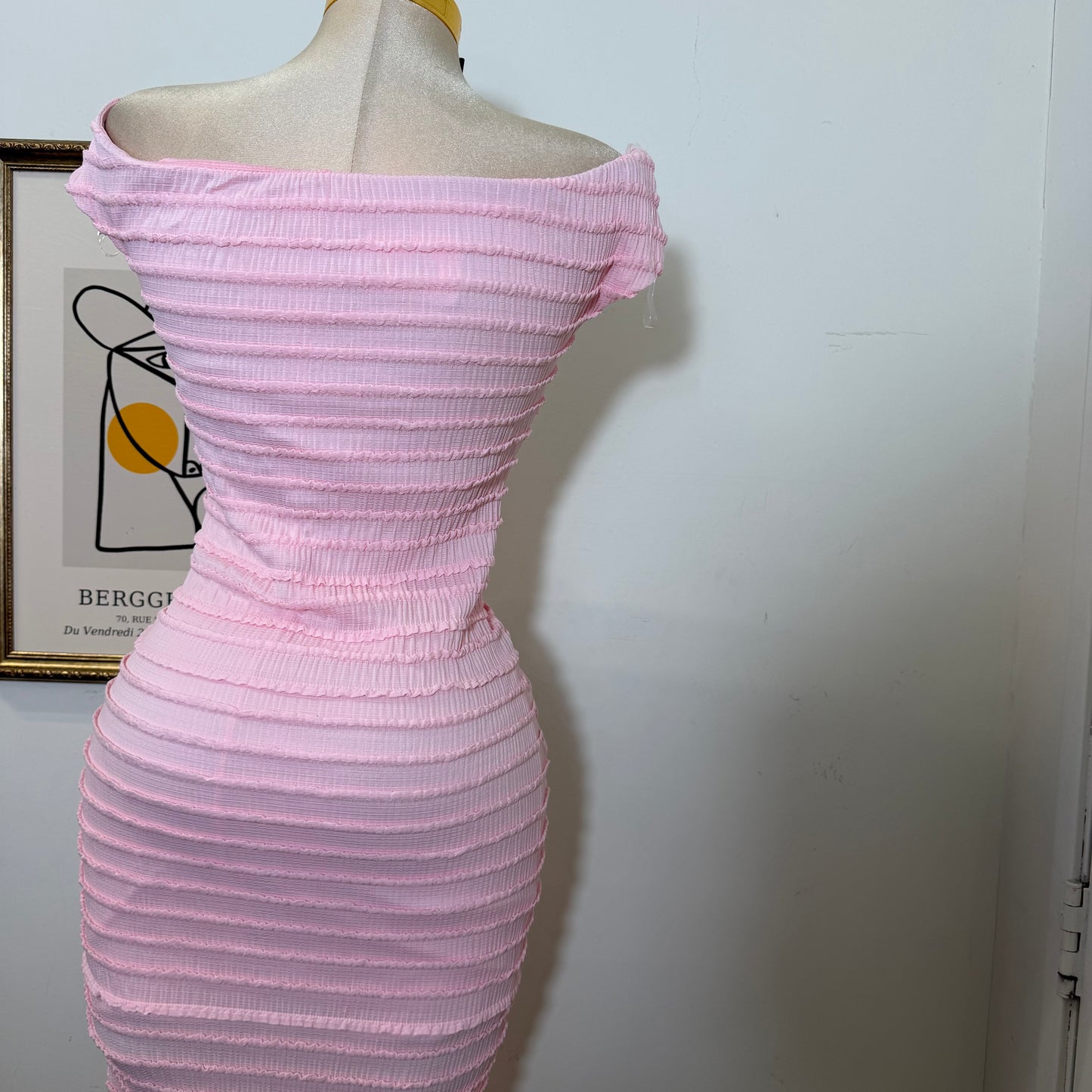 Textured Solid Off shoulder Maxi dress-Pink