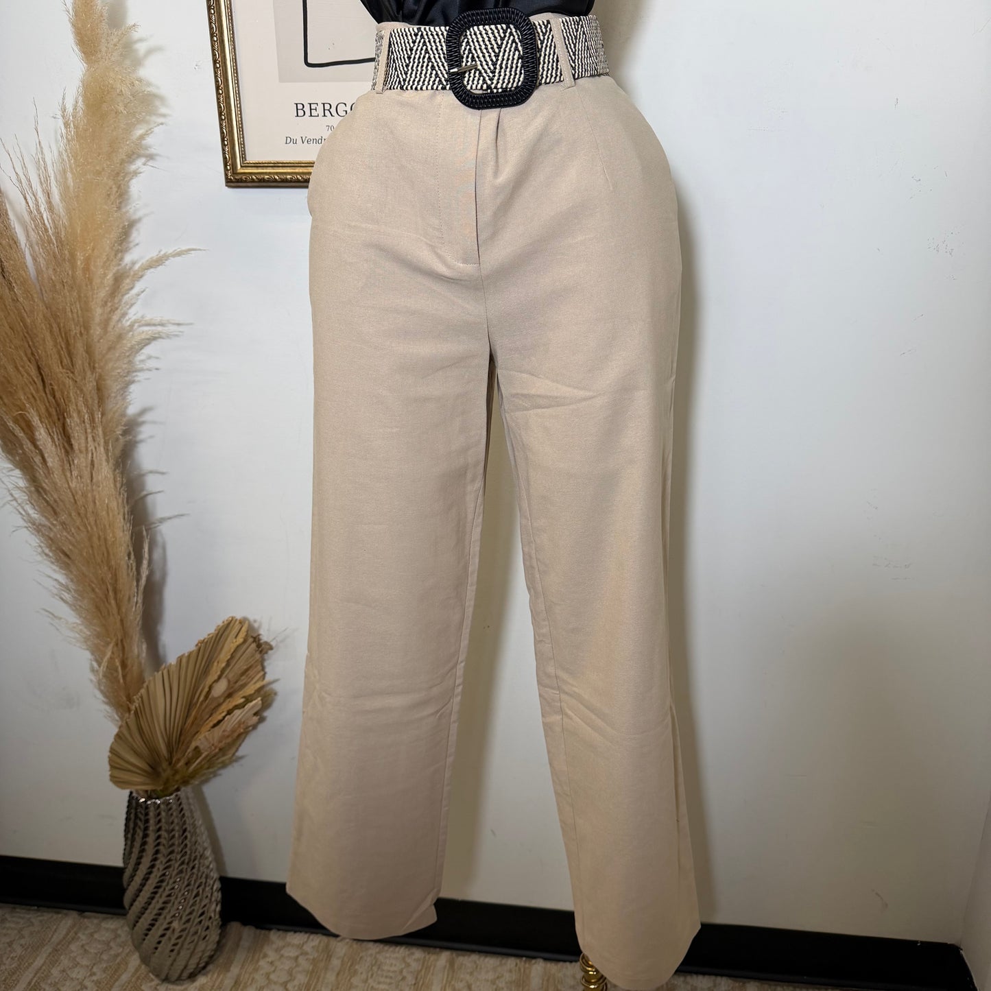 Linen Tribal Pattern Belt Wide Leg Pants-Khaki