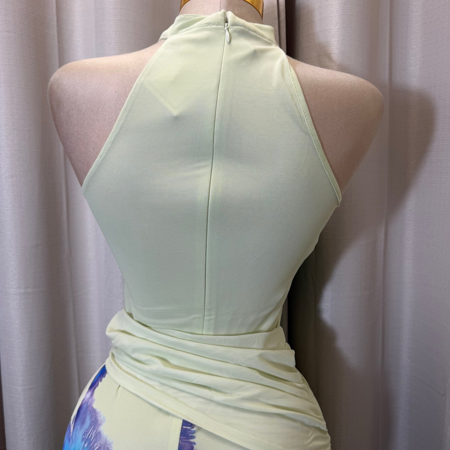 Flower Print Mesh Midi Dress-Yellow/Turquoise combo