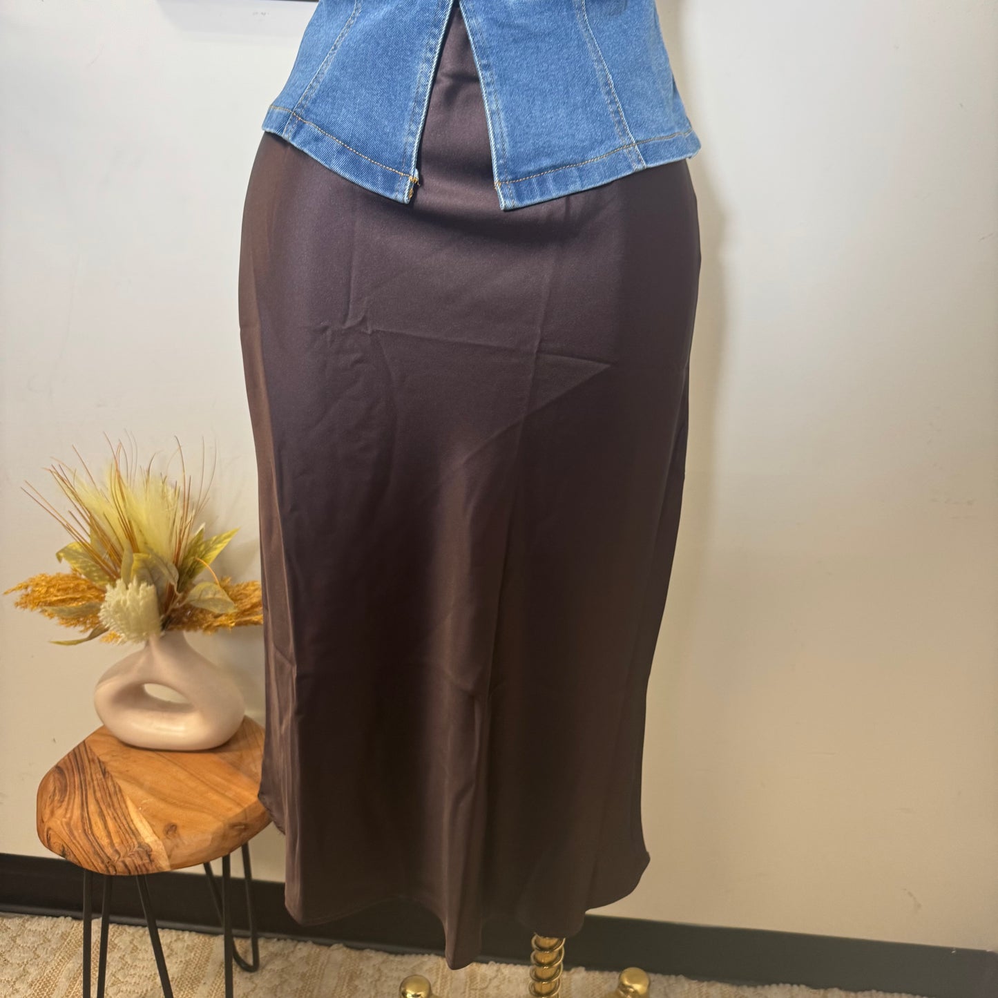Satin Midi Skirt-Chocolate