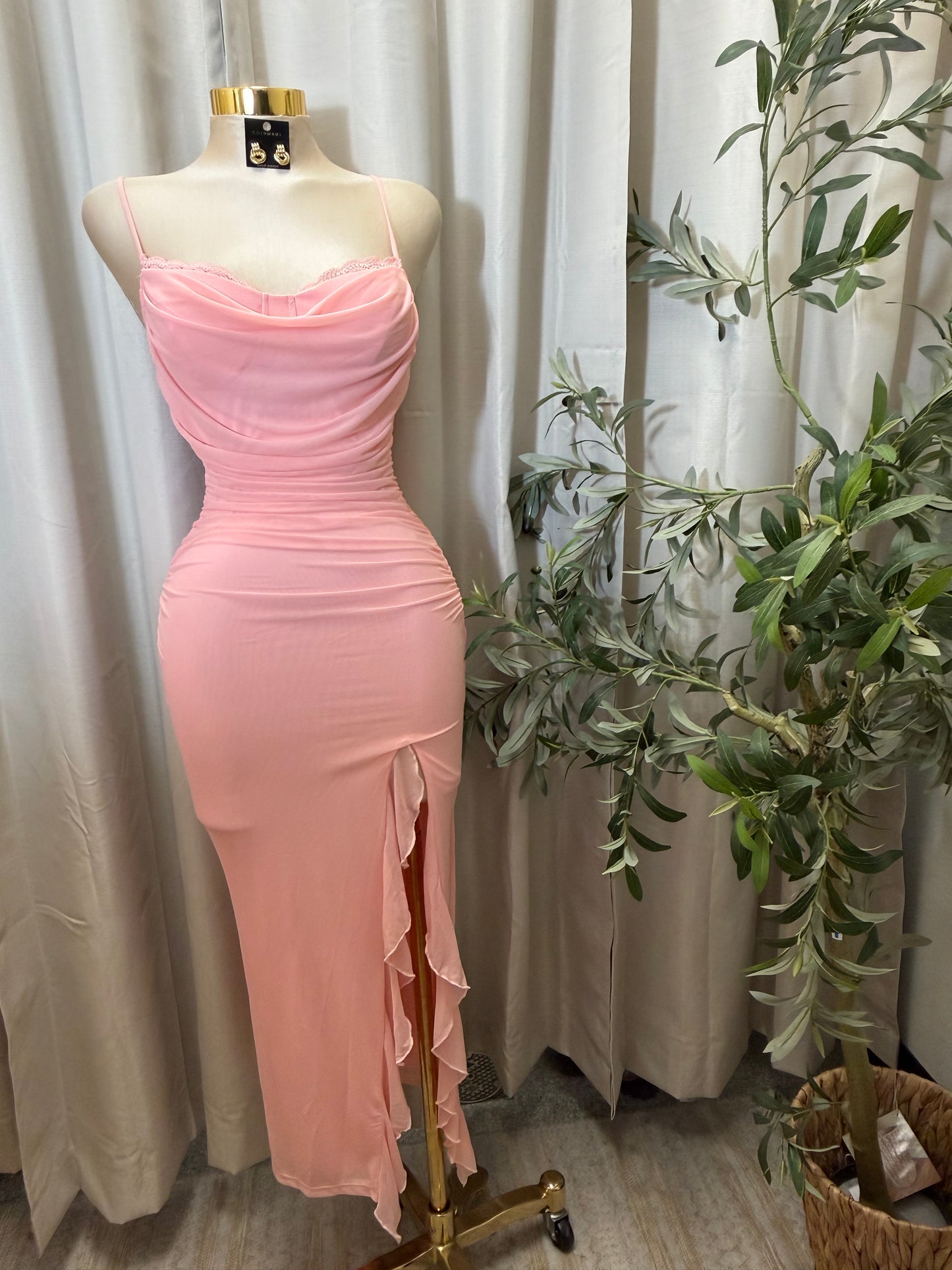 Mesh draped Slit Midi Dress-Baby pink