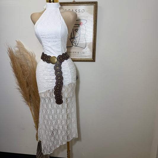 Lace Ruched Halter Maxi Dress-Ivory