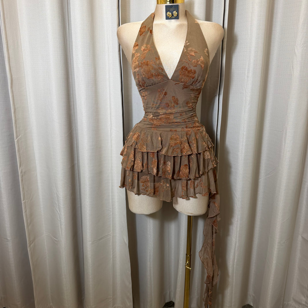 Floral Halter Double Layer Ruffle Mini Dress-Brown