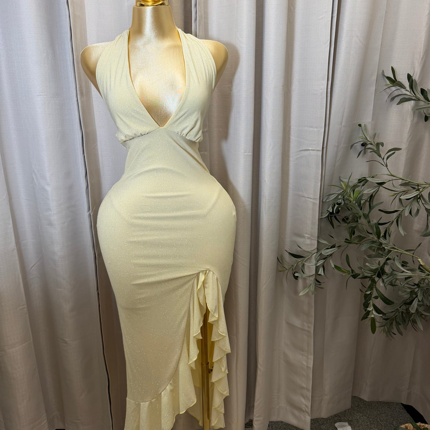 Glitter Halter Ruffle Slit Maxi Dress-Yellow