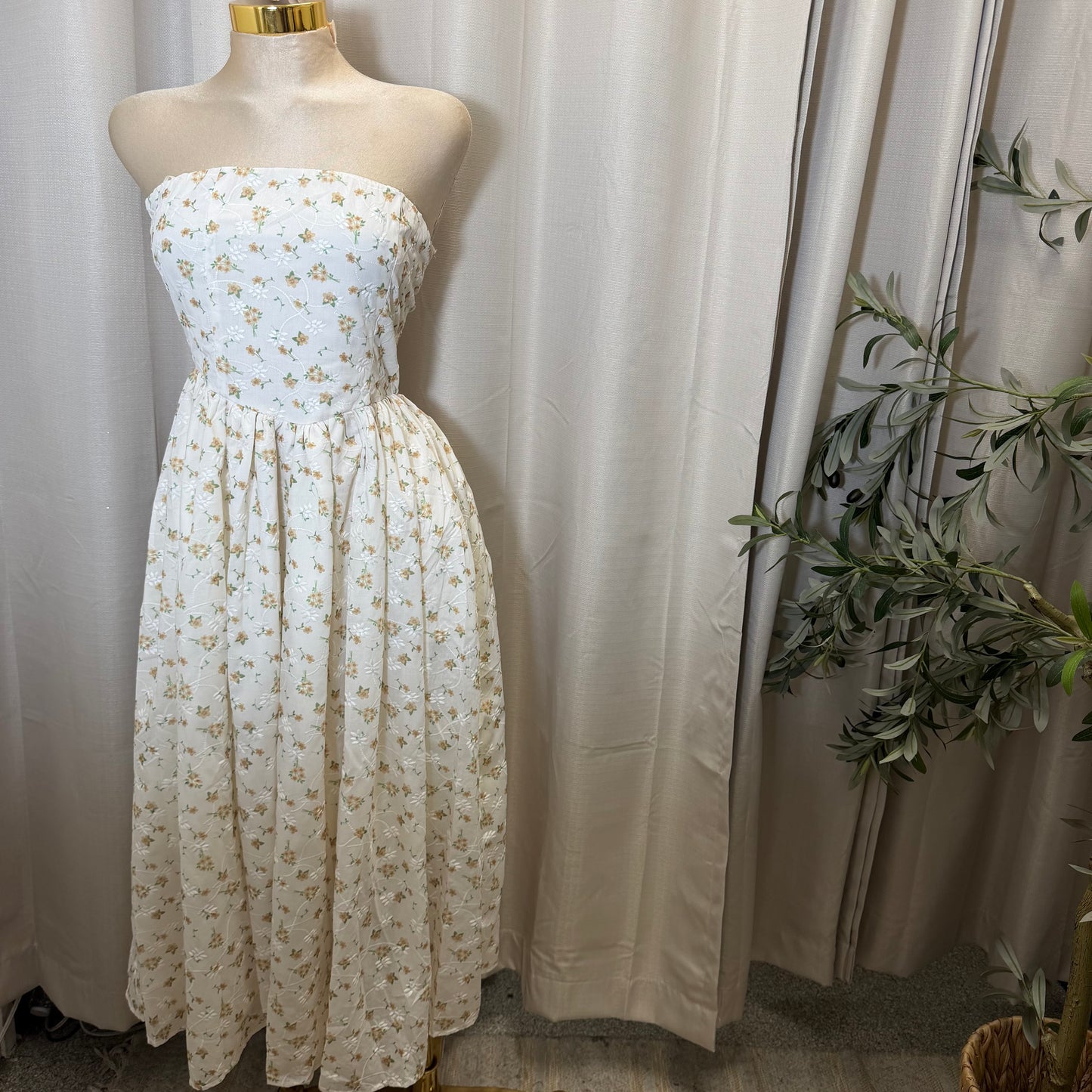 Strapless Floral Midi Dress-White/Yellow