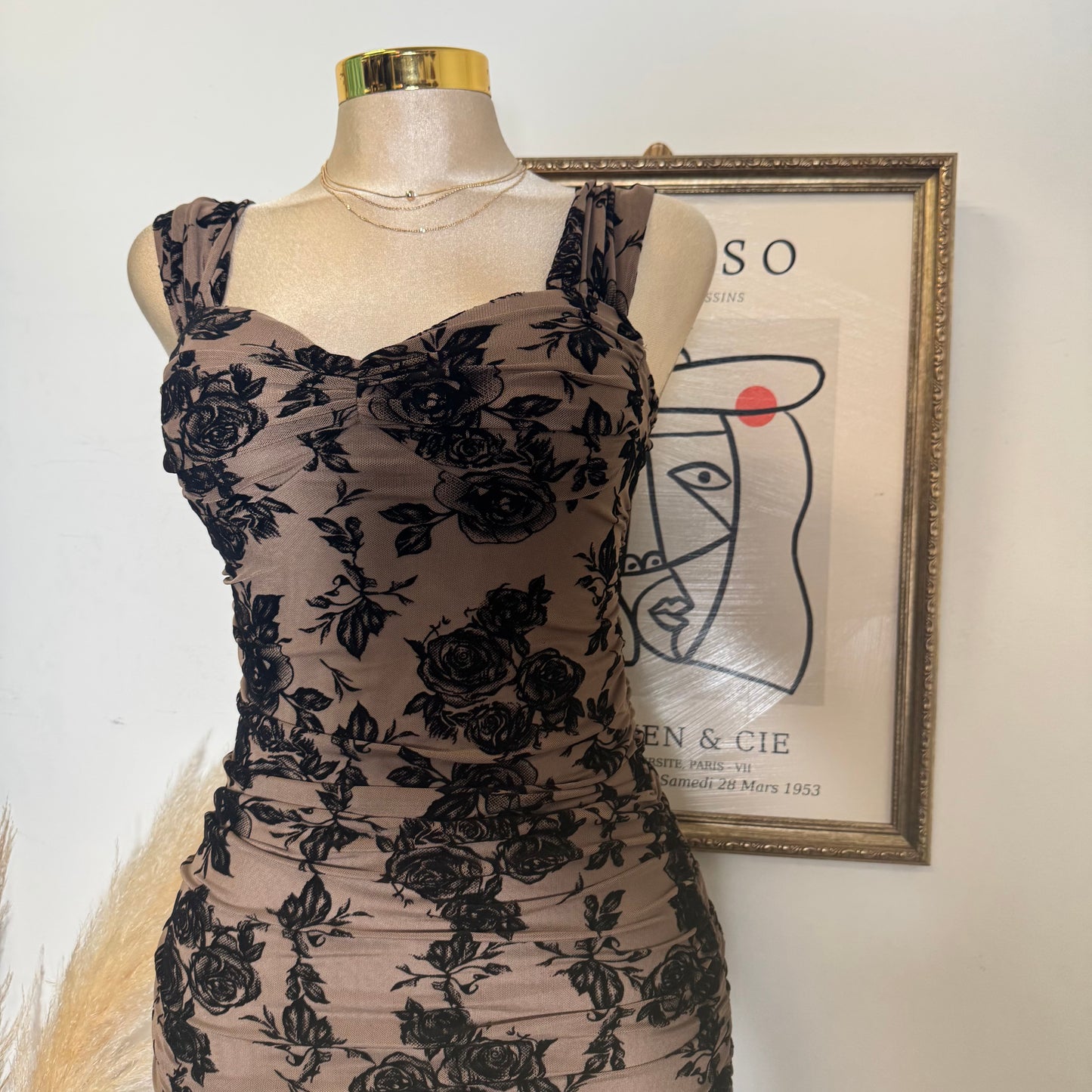 Off the shoulder Ruched Midi Dress-mocha Black