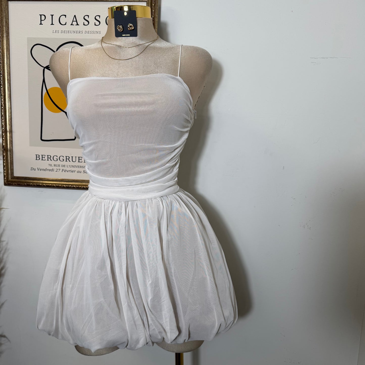 Ballon Mesh Mini Dress-Ivory