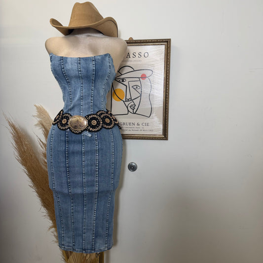 Denim Strapless Midi Dress-LT Blue