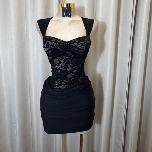 Lace off shoulder Pleated Drape Mini Dress-Black