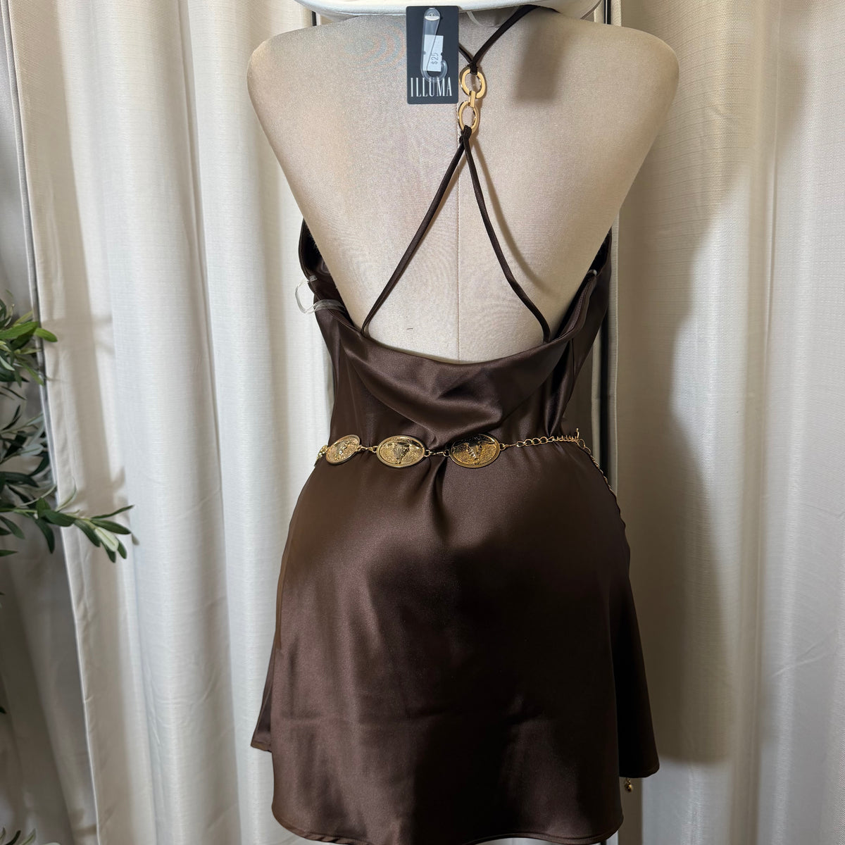 Halter Satin Mini Dress-Brown