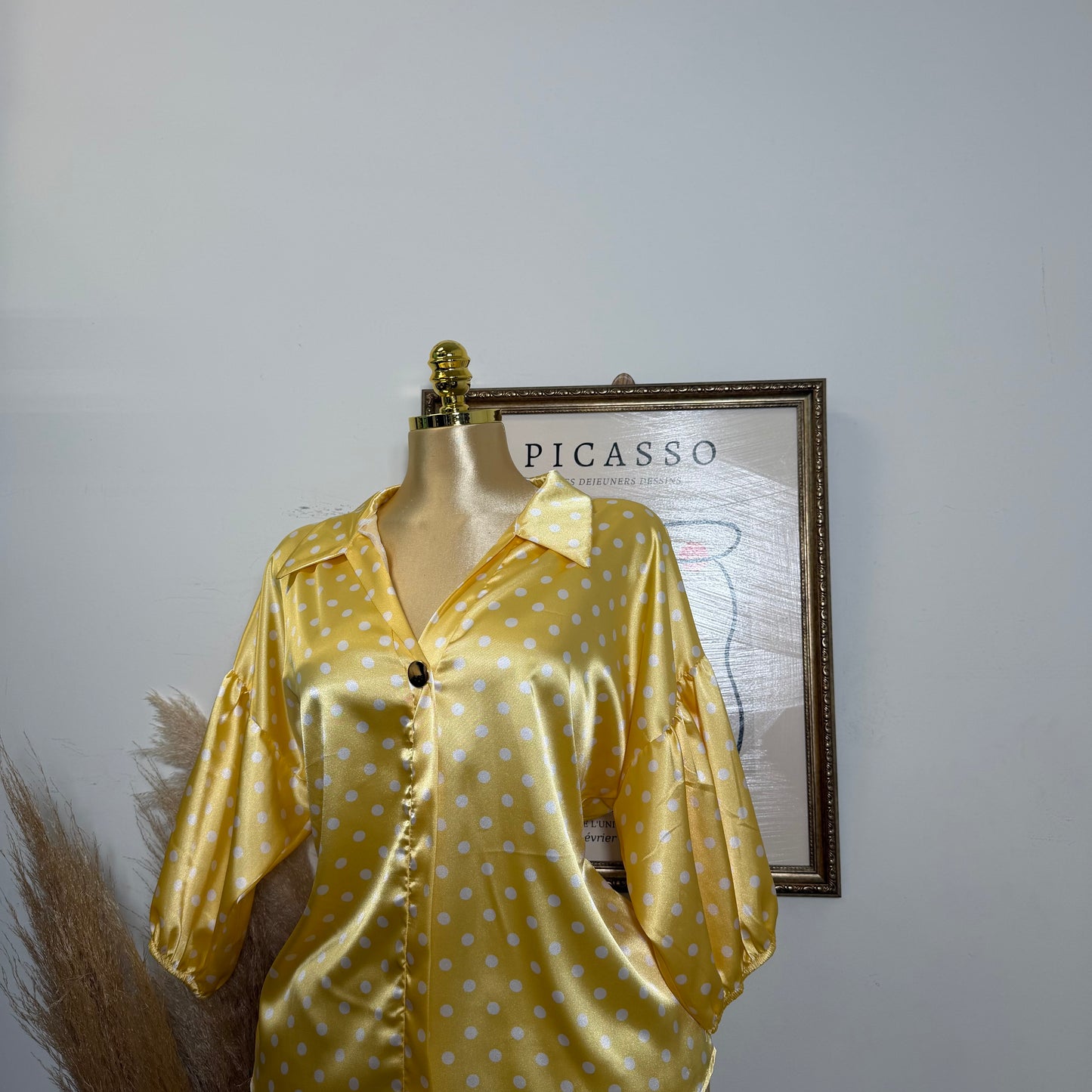PL-Button Up Bomber Sleeve Blouse-Yellow
