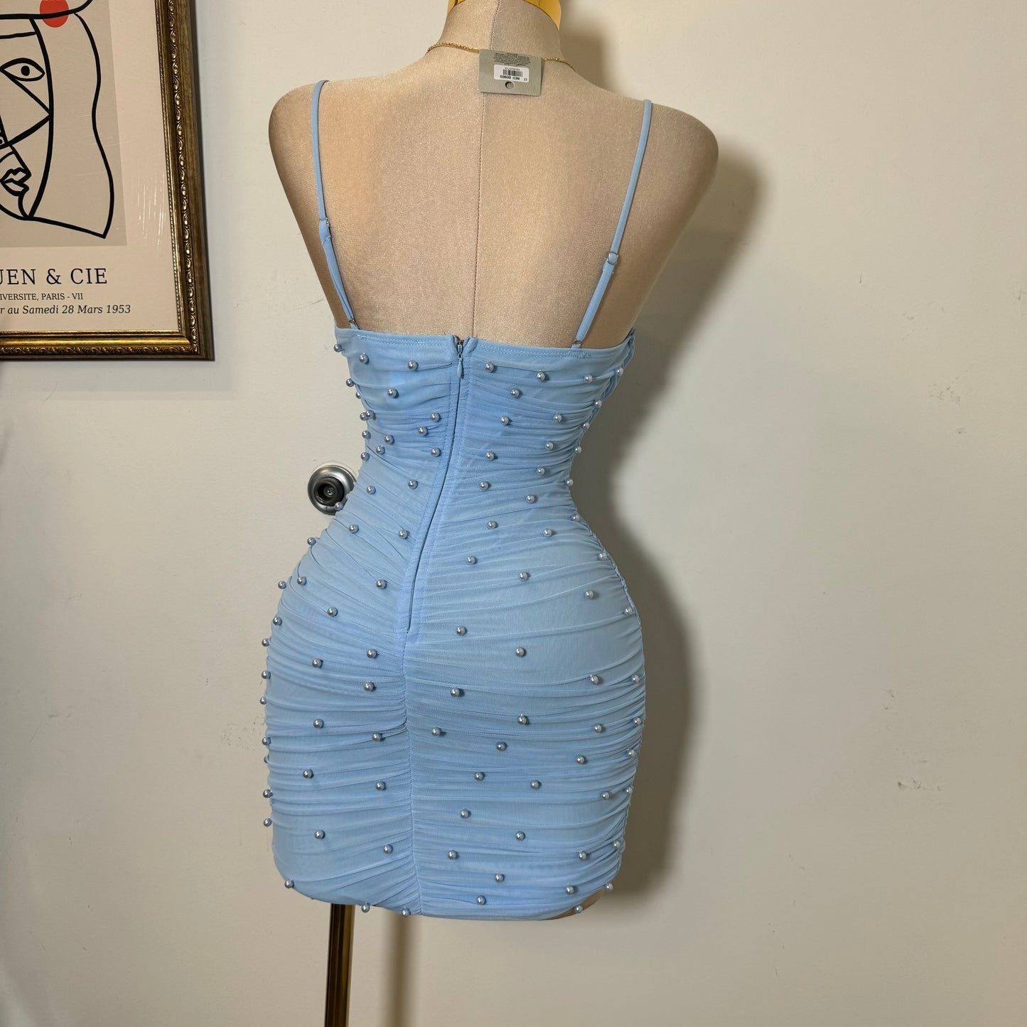 Pearl Mesh Ruched Sleeveless Mini Dress-Baby Blue