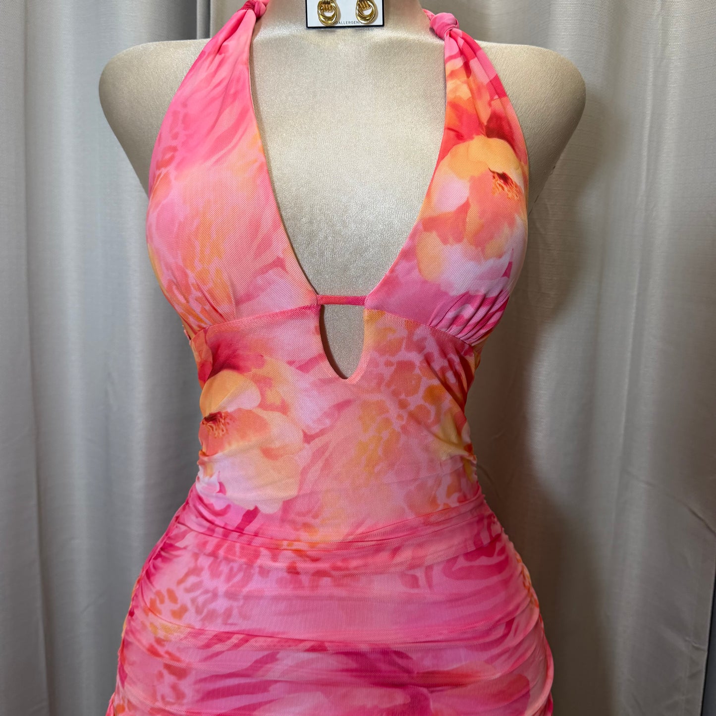 Halter Leopard flower Dress-Pink