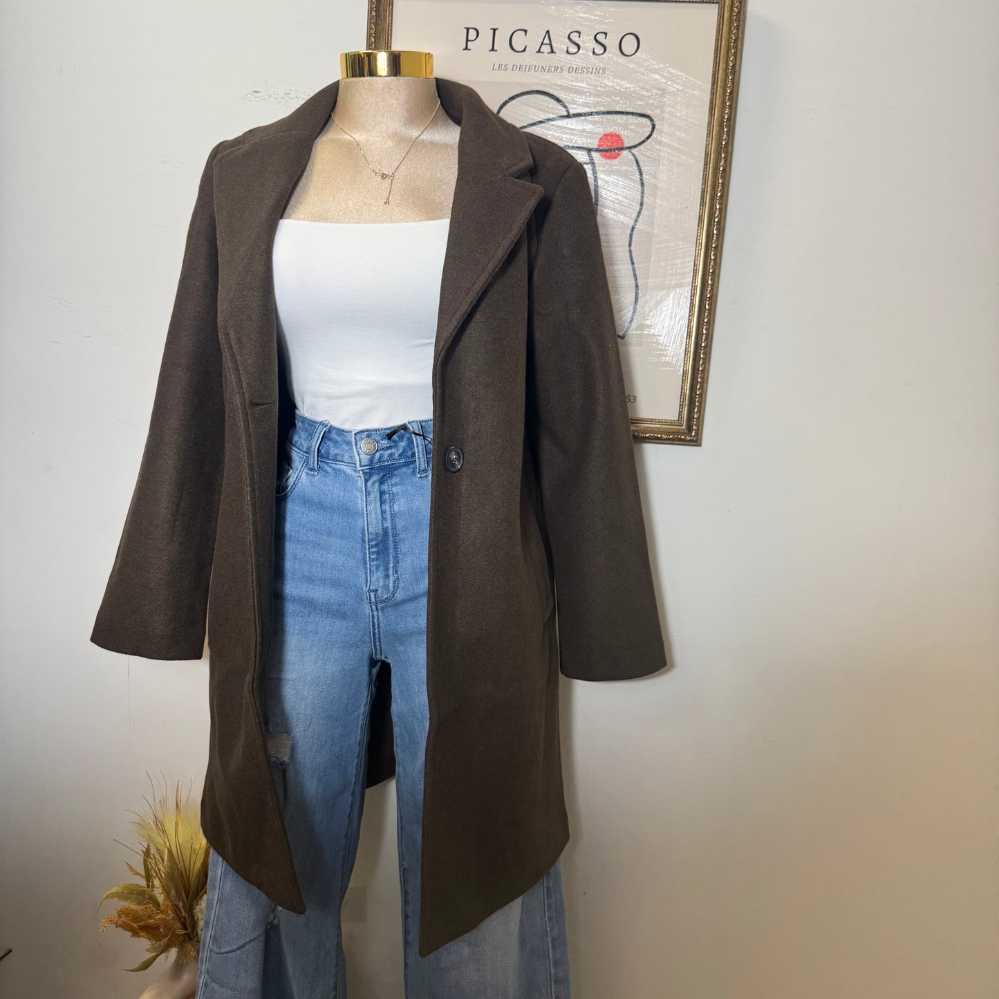 Notched Lapel Long Sleeve Coat-Brown
