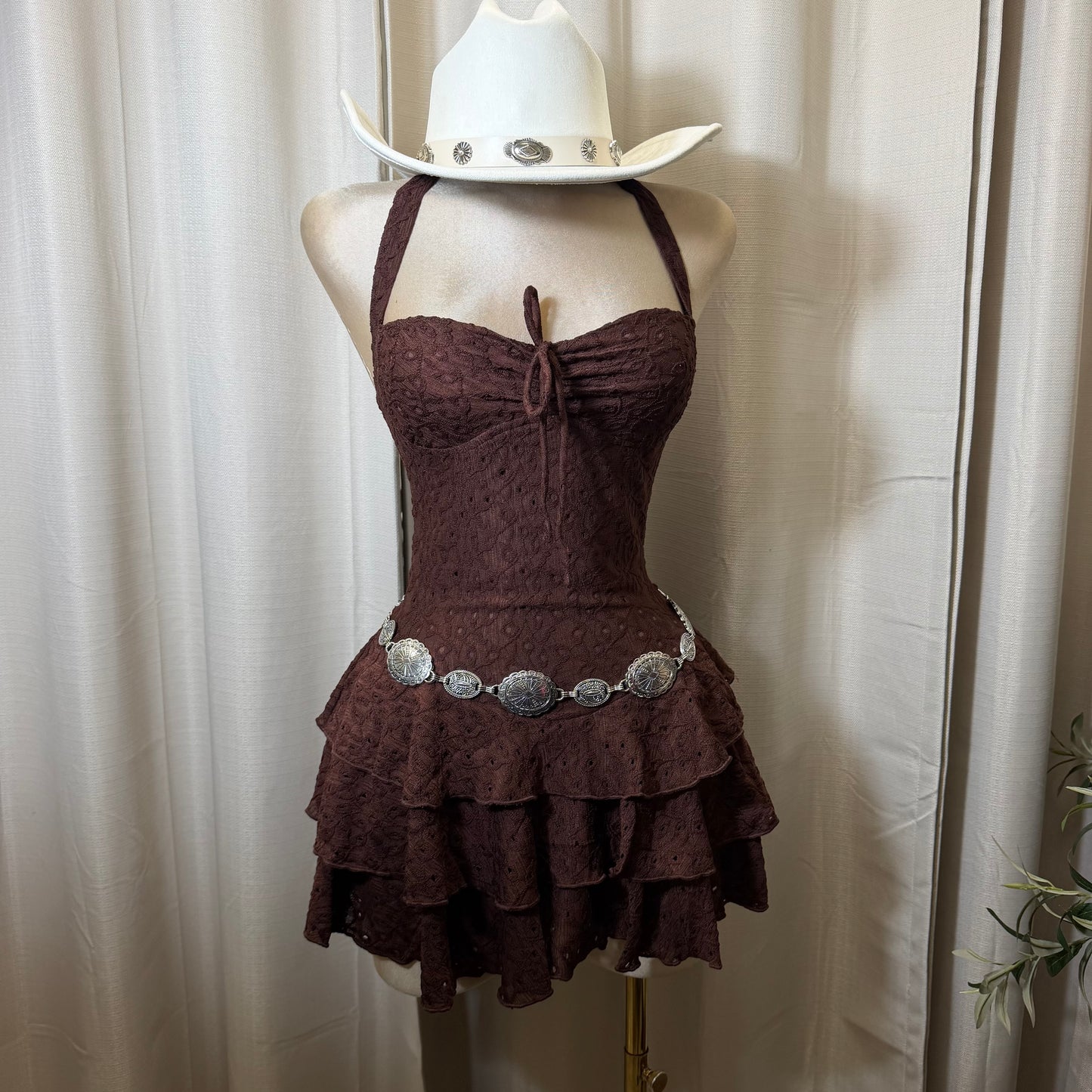 Eyelet halter neck Tiered Ruffle Mini Dress-Brown