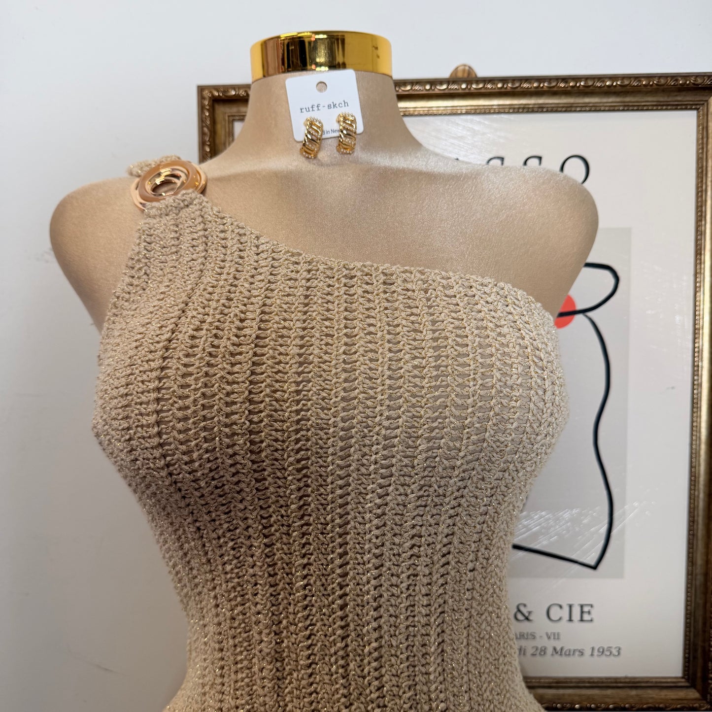 One shoulder Metallic Crochet Knit Mini Dress-Natural