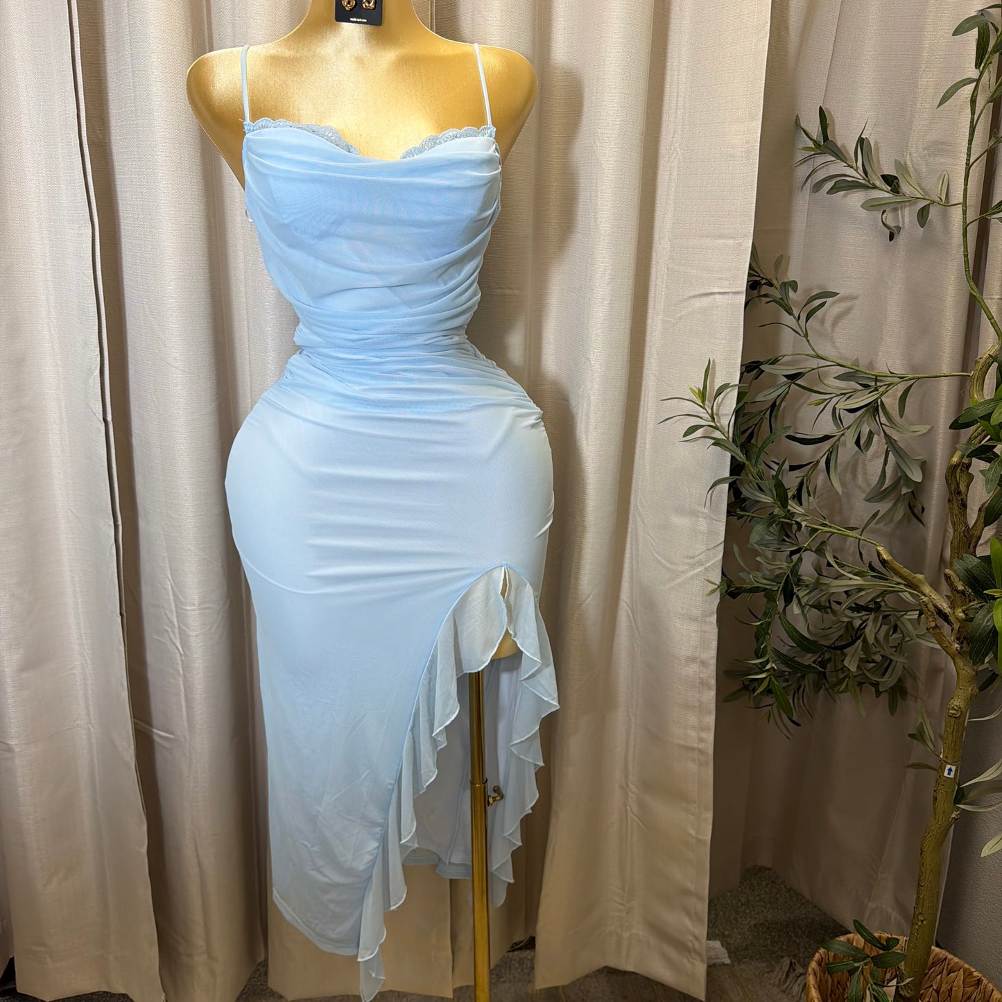 Mesh draped Slit Midi Dress-Baby Blue