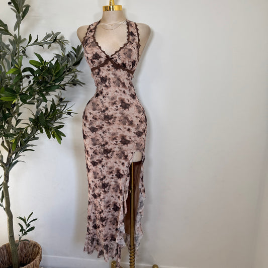 Halter Open Slit Dress-Brown
