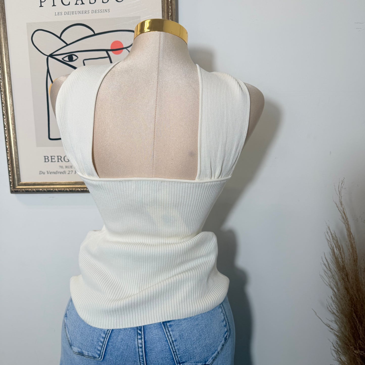 Twist Halter Sweater Top W/ Gold Orb-Ivory