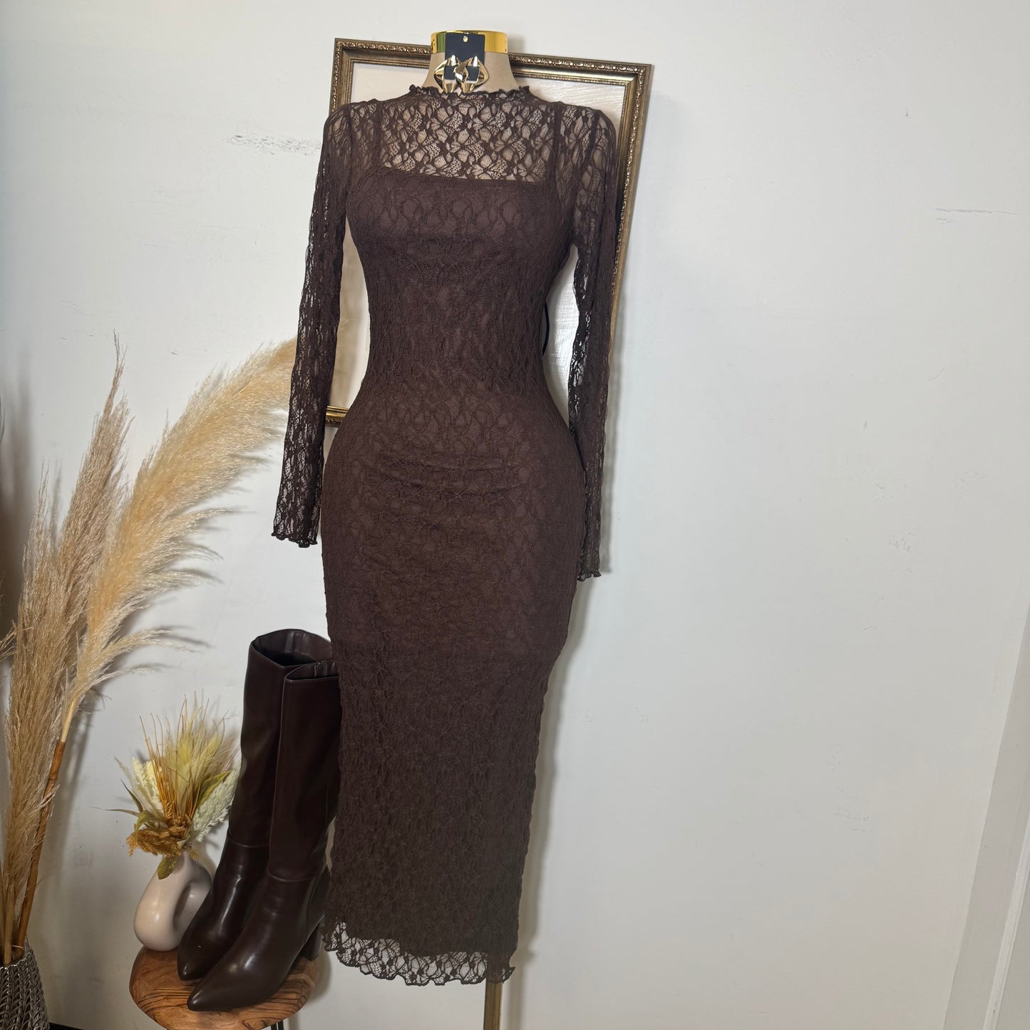 Rosie Lace Midi Dress-Brown