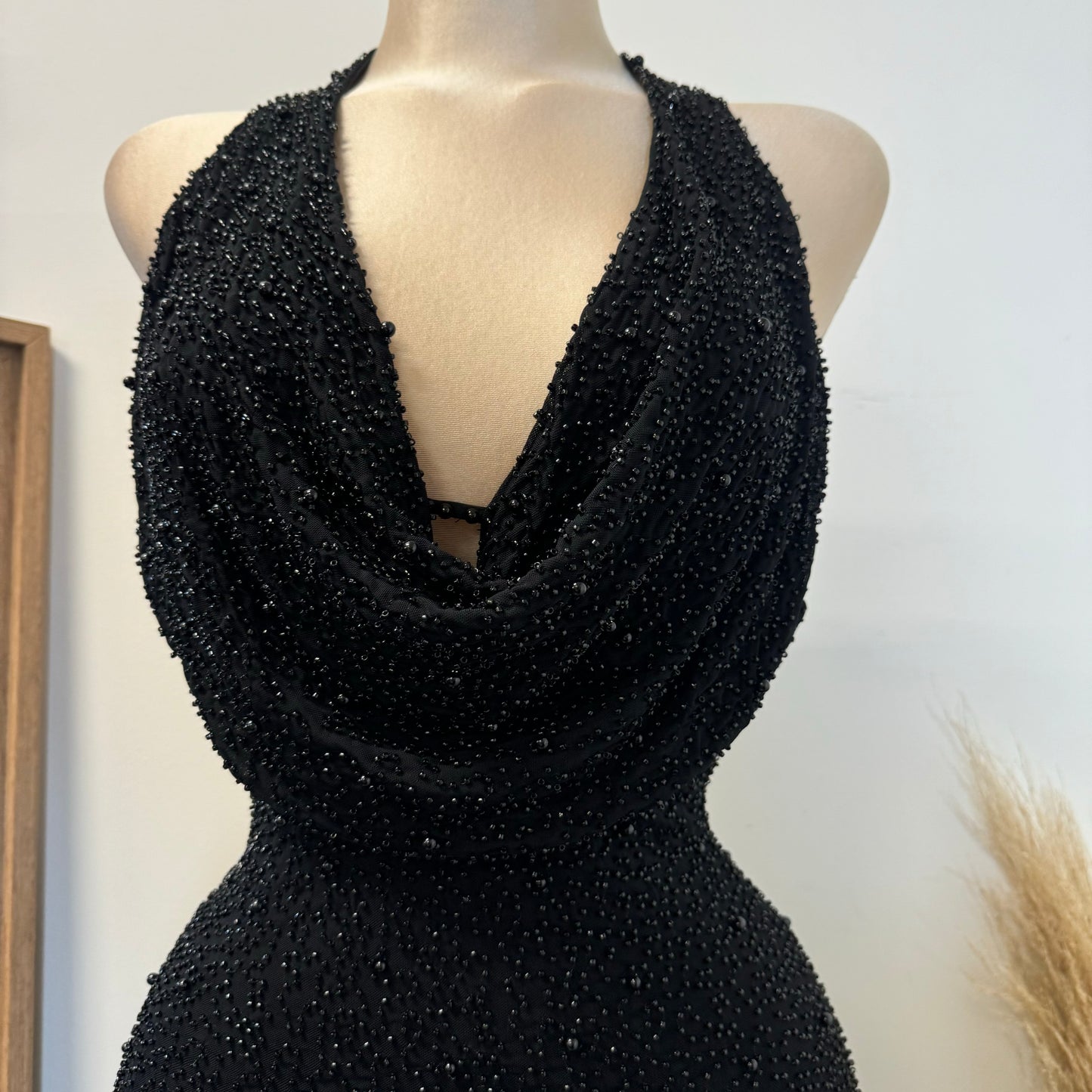 Cowl beaded Halter Dress-Black