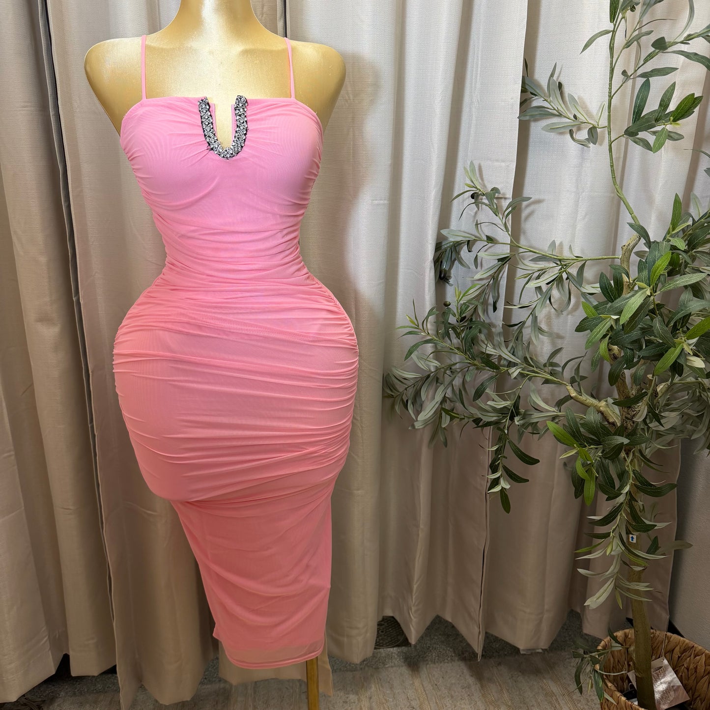 Rhinestone Spaghetti Midi Dress-Pink