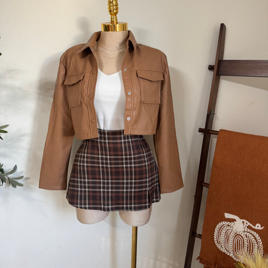 Pu Leather Cropped Jacket- Camel