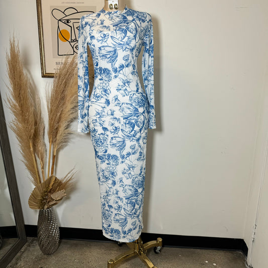 Rose Midi Mesh dress-Blue/White