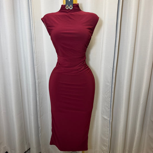 Solid Shirring Midi Dress-Burgundy