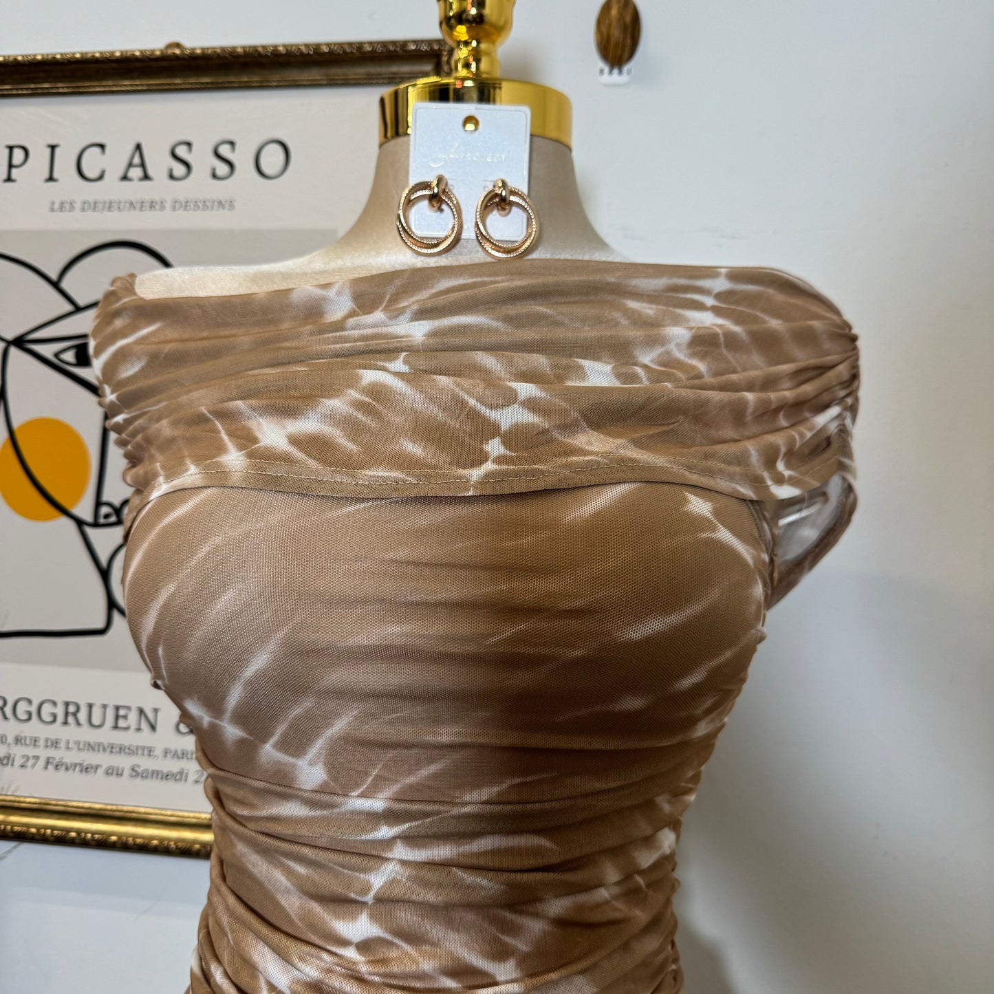 Off Shoulder Mesh Dress-Brown