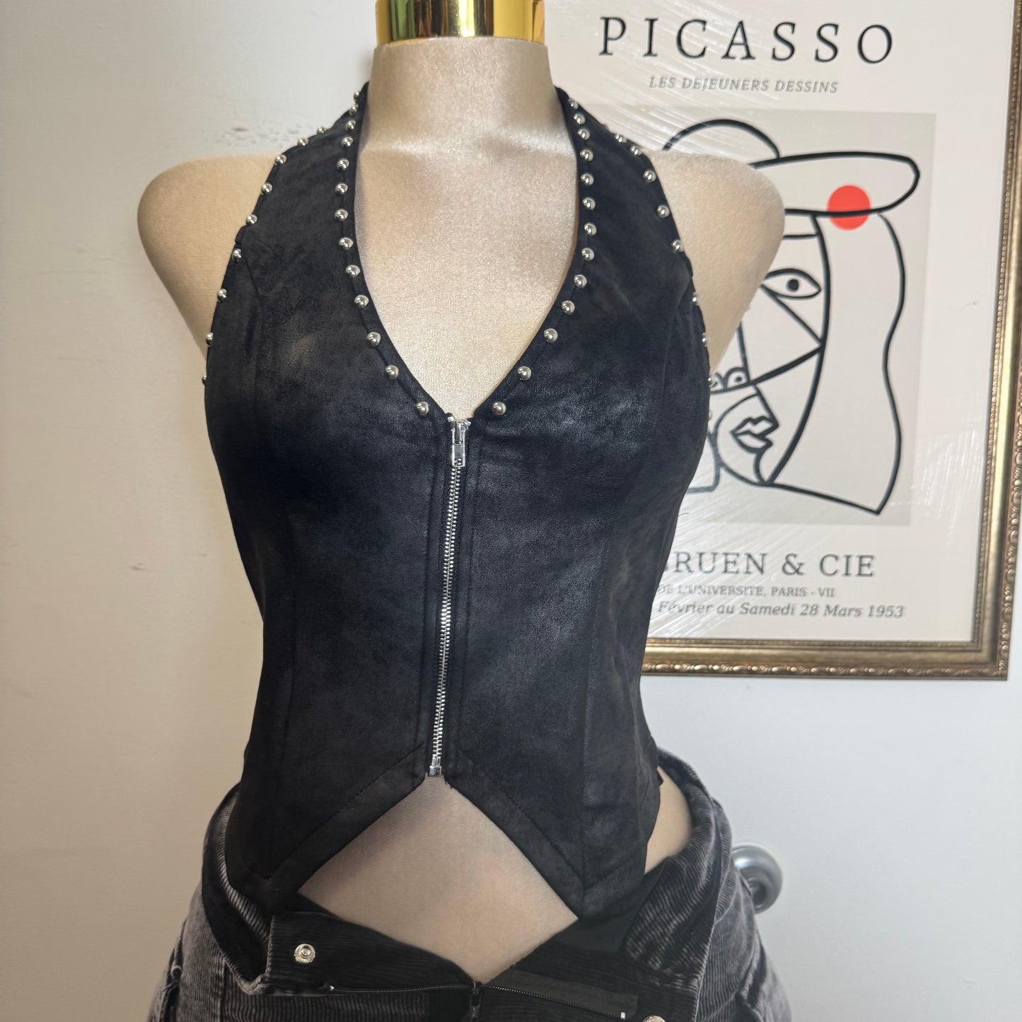Zipper Front Suede Top-Black