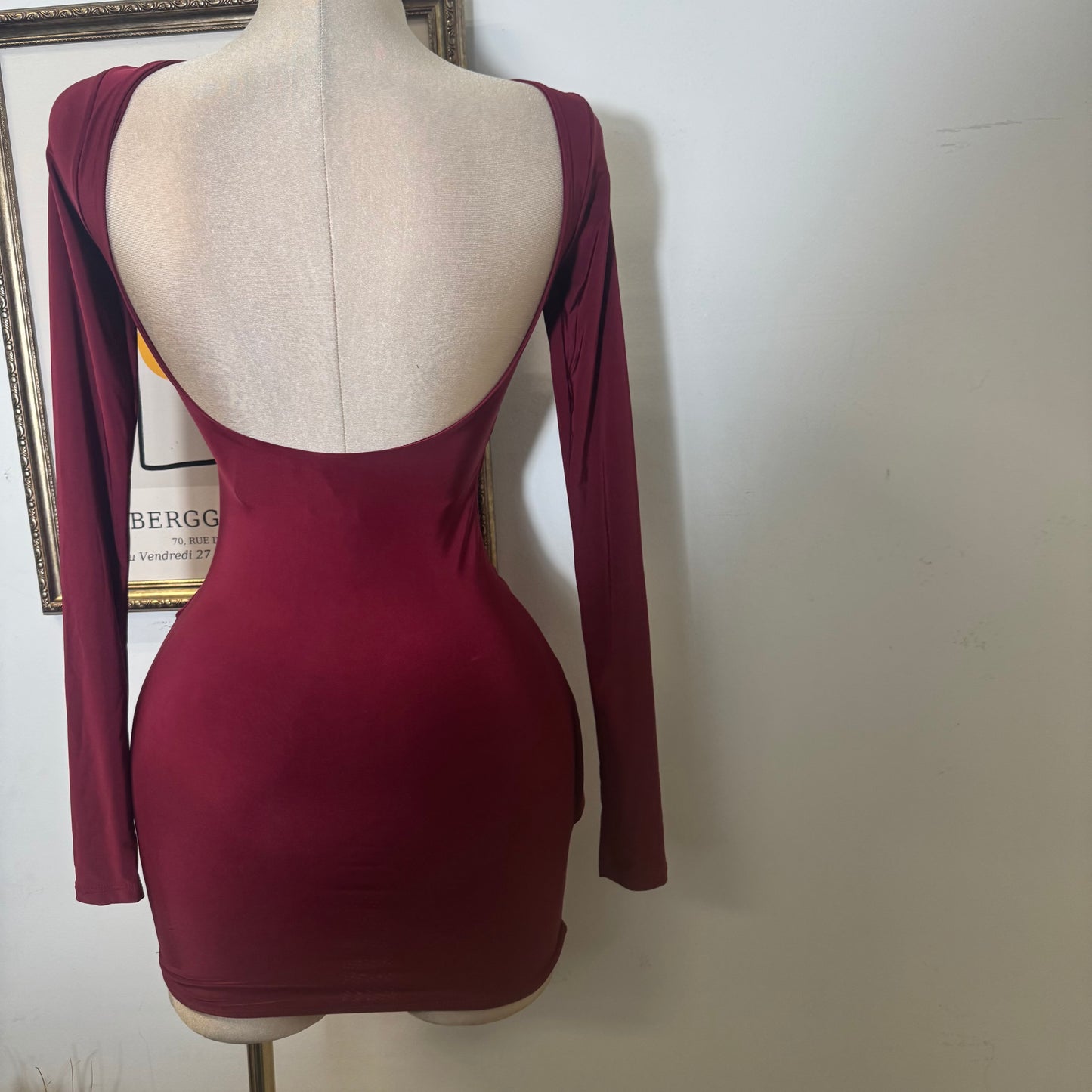Long sleeve Drape Mini Dress-Burgundy