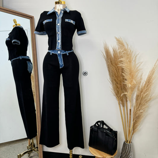 Street Chic Contrast Ribbed Denim Pant Set-black