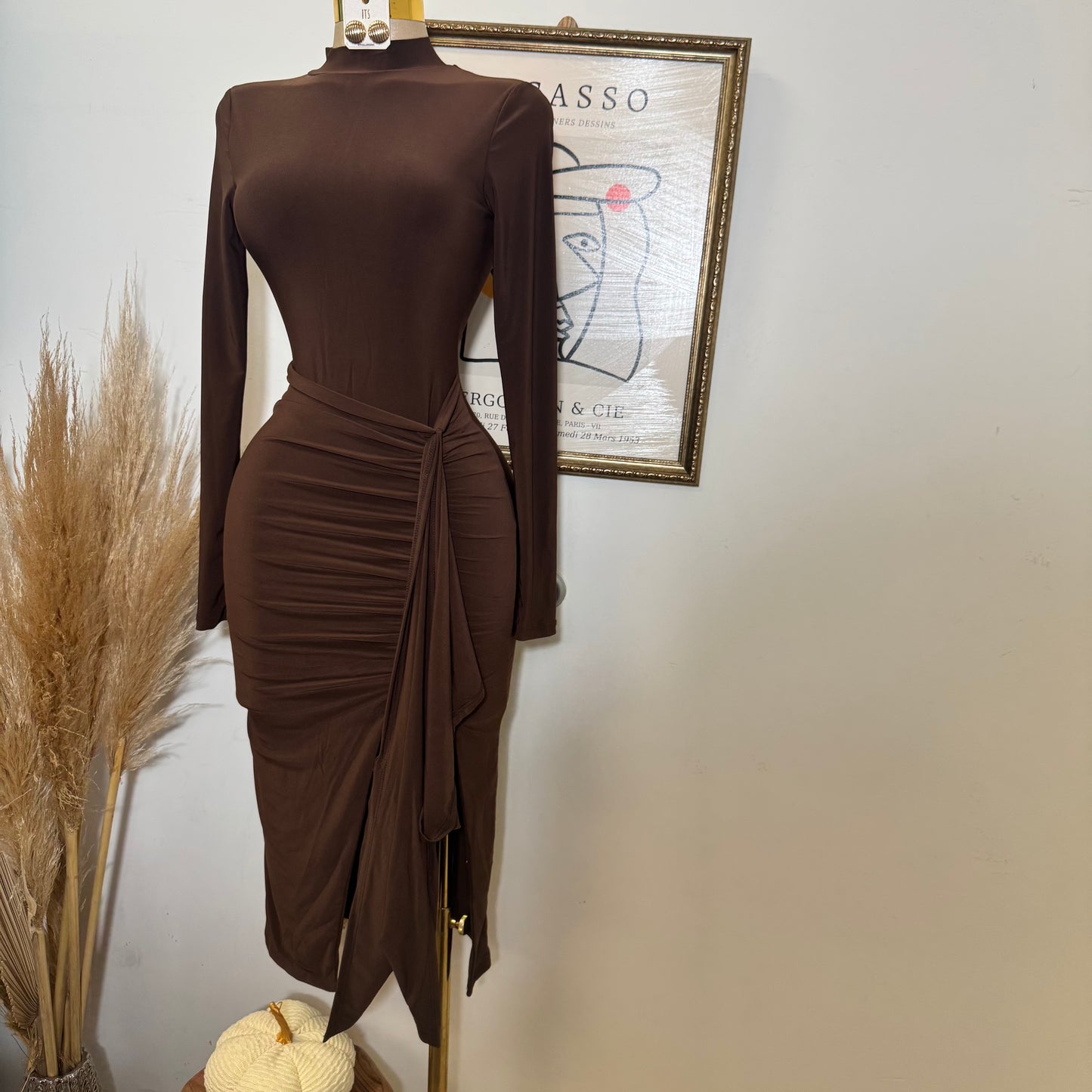 Mock Neck Ruffle Midi Dress-Brown