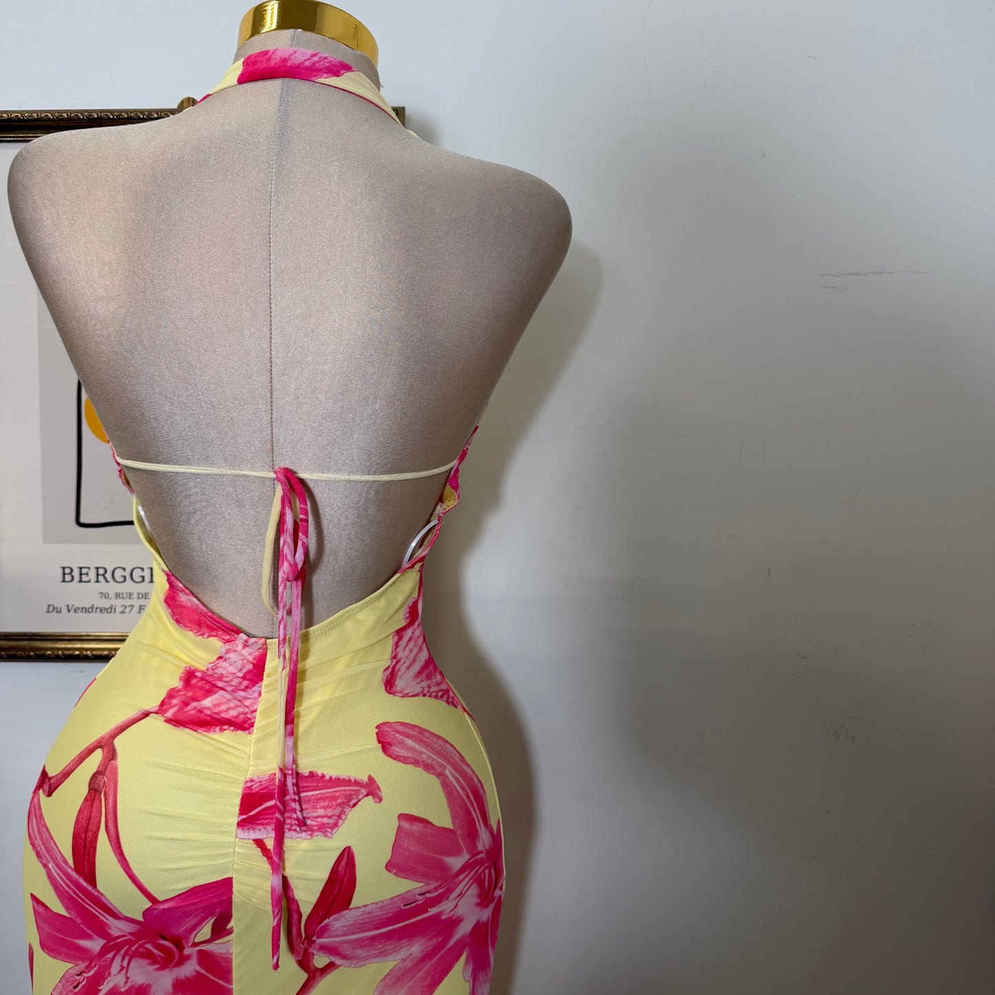 Halter Mesh Open Back Dress-Yellow Combo