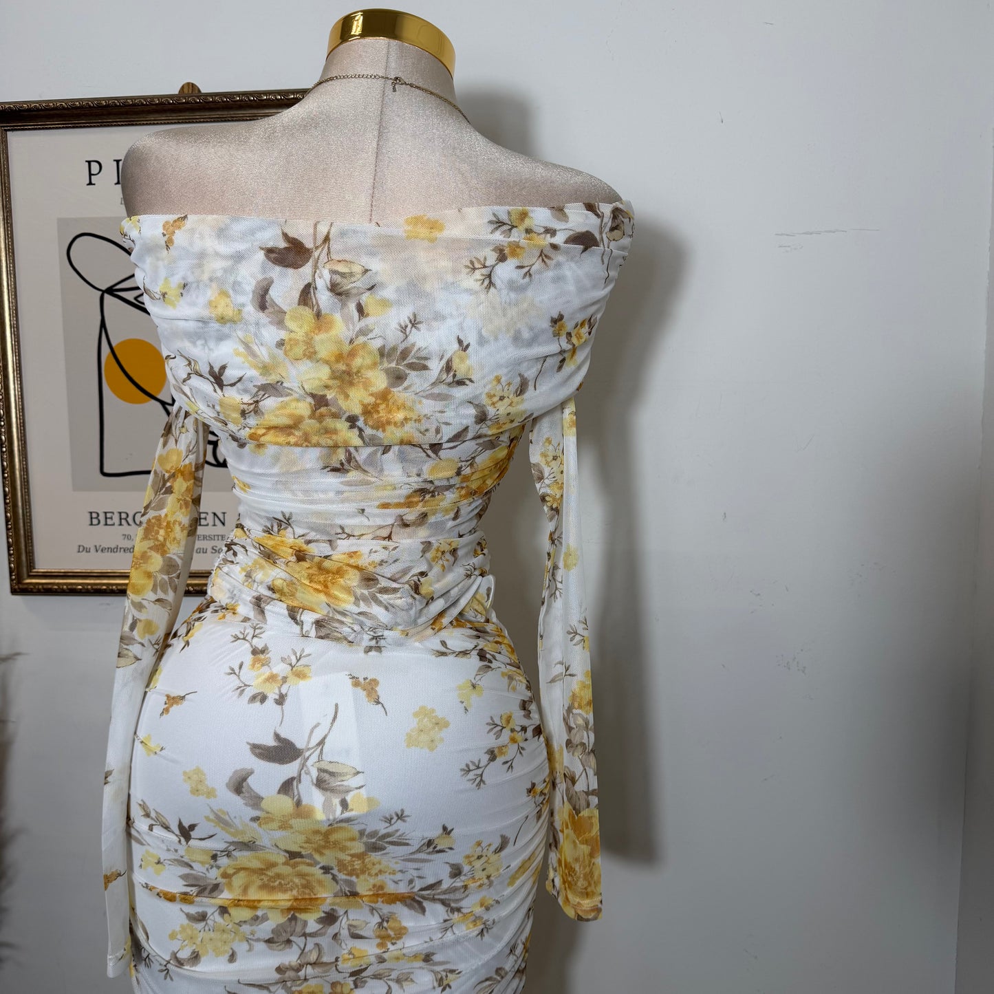 Off shoulder printed Mesh Top and ruched Maxi Skirt Set-Yellow Print