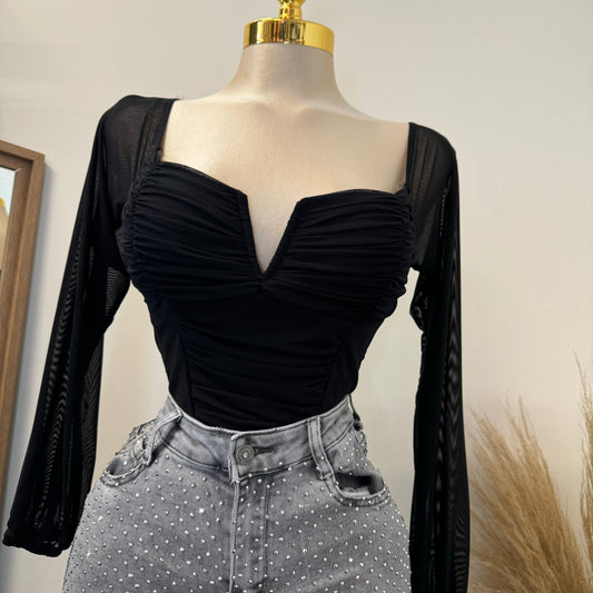 Mesh Long Sleeve V Crop Top -Black