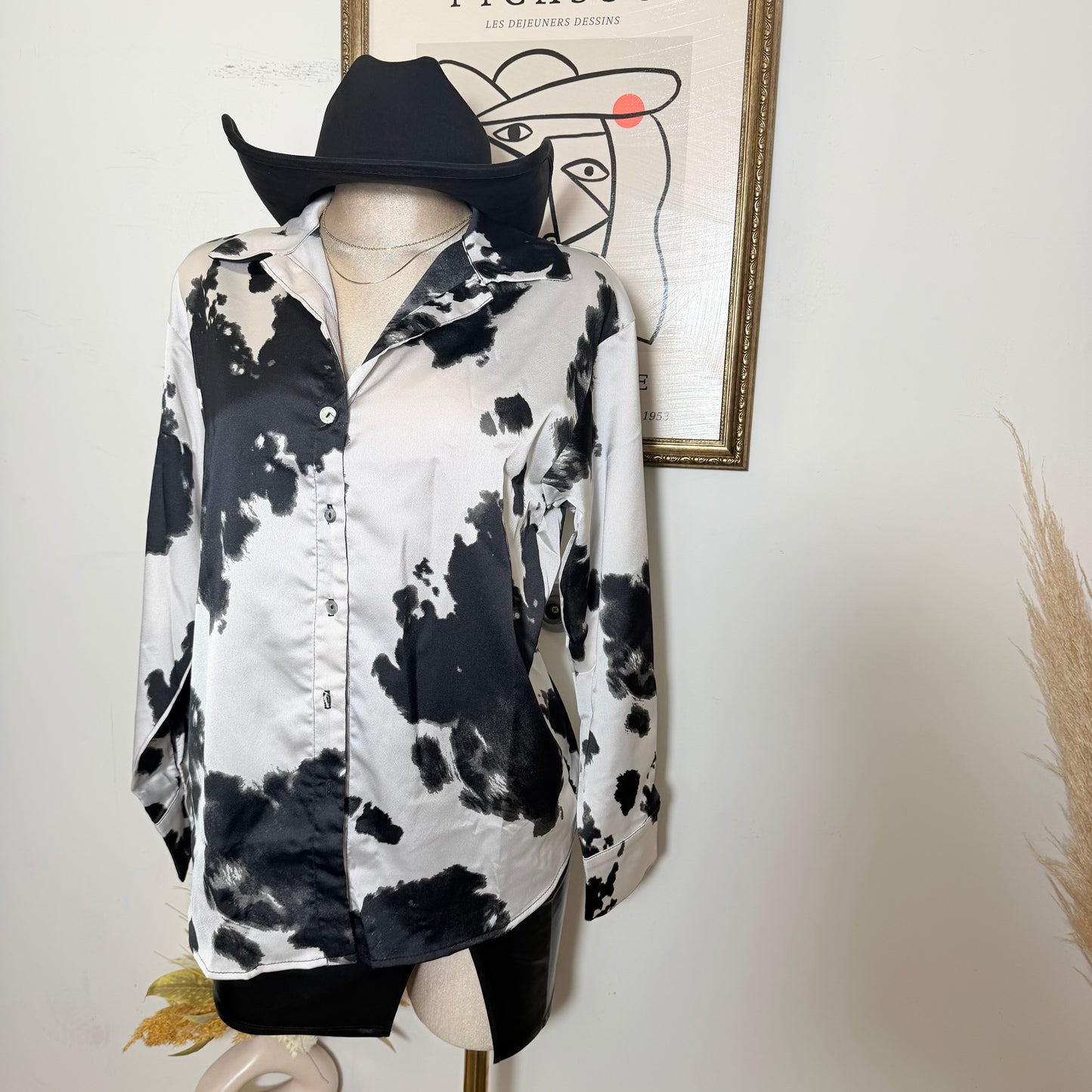 Cow Print Satin Button Down Long sleeve Shirt-Black