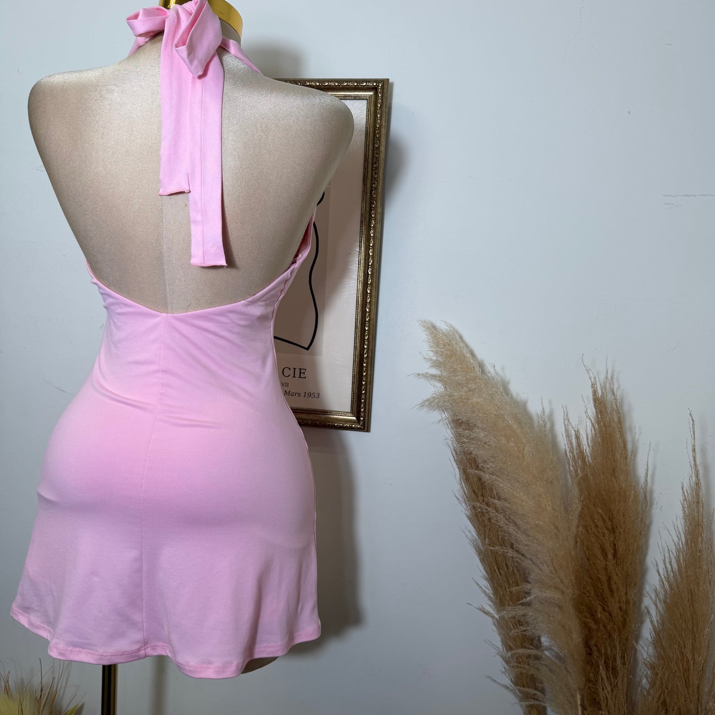 Halter Plunge V-Neck Mini Dress -Baby Pink