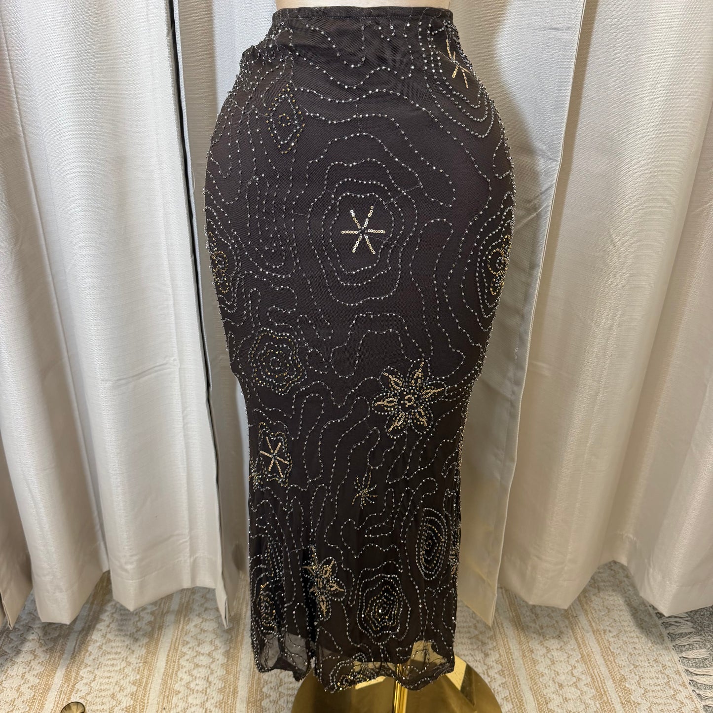 Maxi Skirt Mesh with beads and sequins-Brown