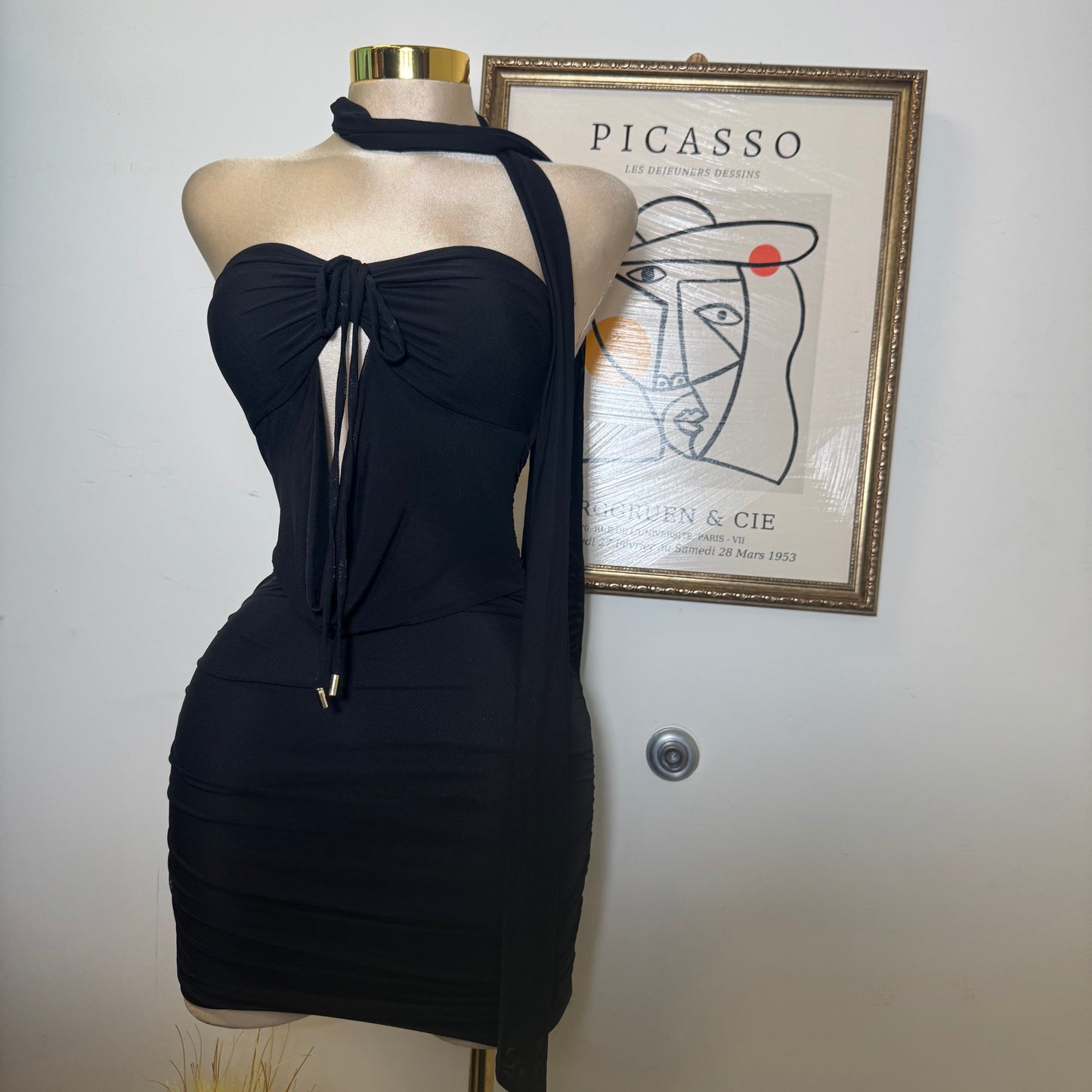 Mini Dress With Neck Scarf Detail-Black